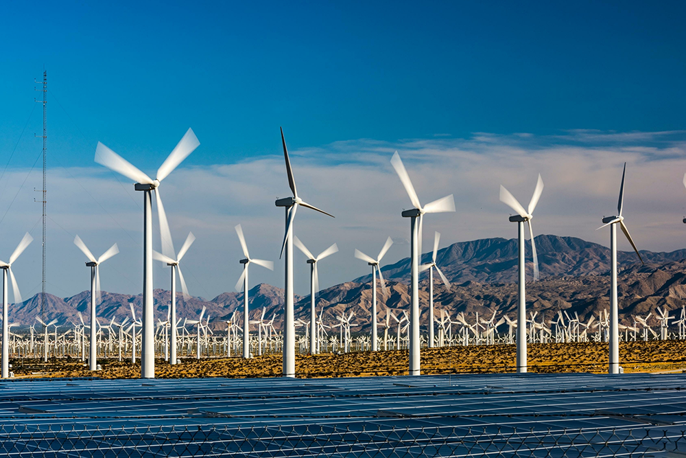 US landscape featuring renewable energy generation by wind and solar